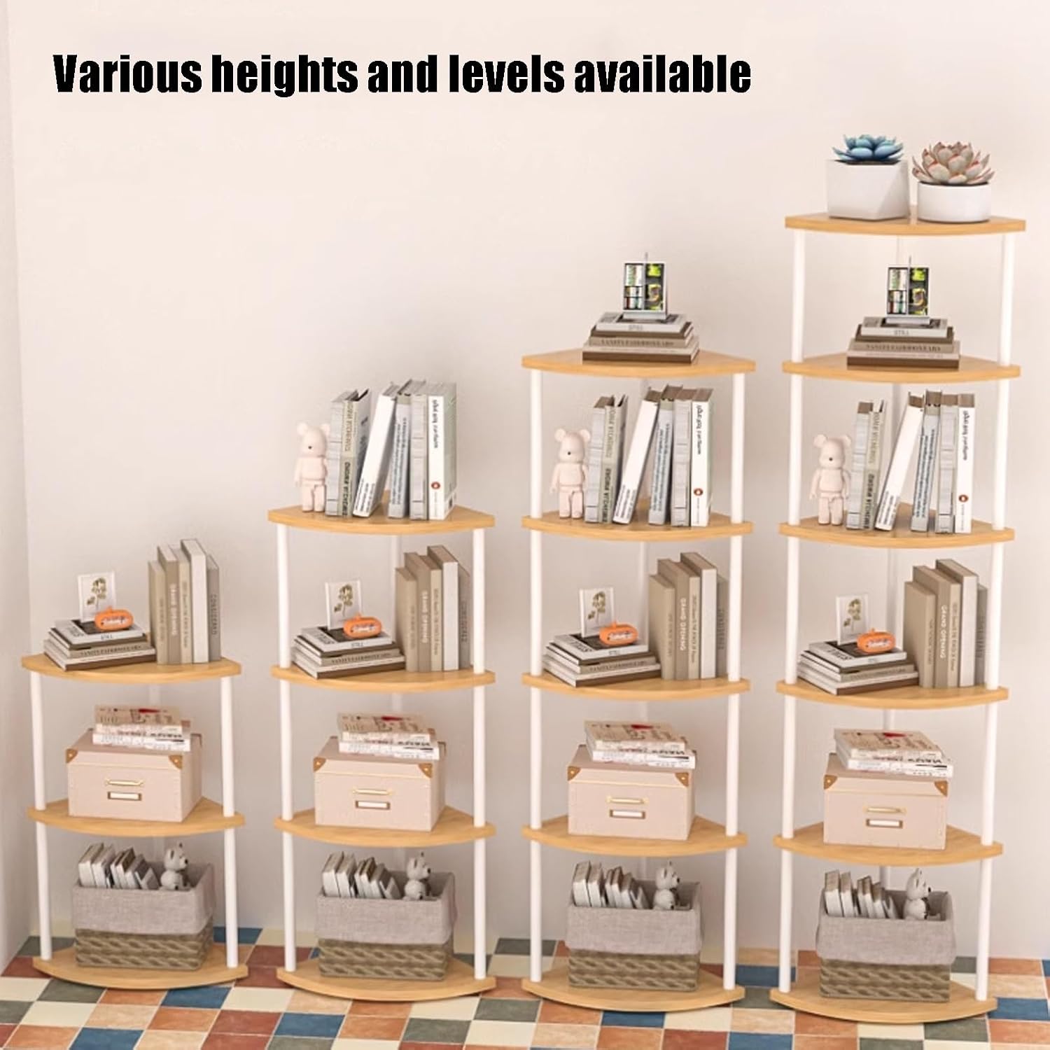 Small Corner Shelf, 3-5Tier Wall Corner Bookshelf, Free Standing Corner Bookshelf, Stylish Display Shelf for Small Space, Living Room, Bedroom(White,4nd Floor)