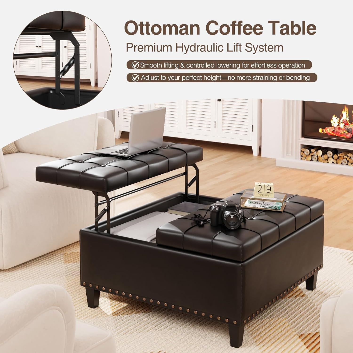 FiveWillowise Square Leather Ottoman with Storage, Faux Leather Coffee Table with Lift Top,Large Upholstered Footrest Stool Toy Box Storage Bench for Bedroom Living Room, Black