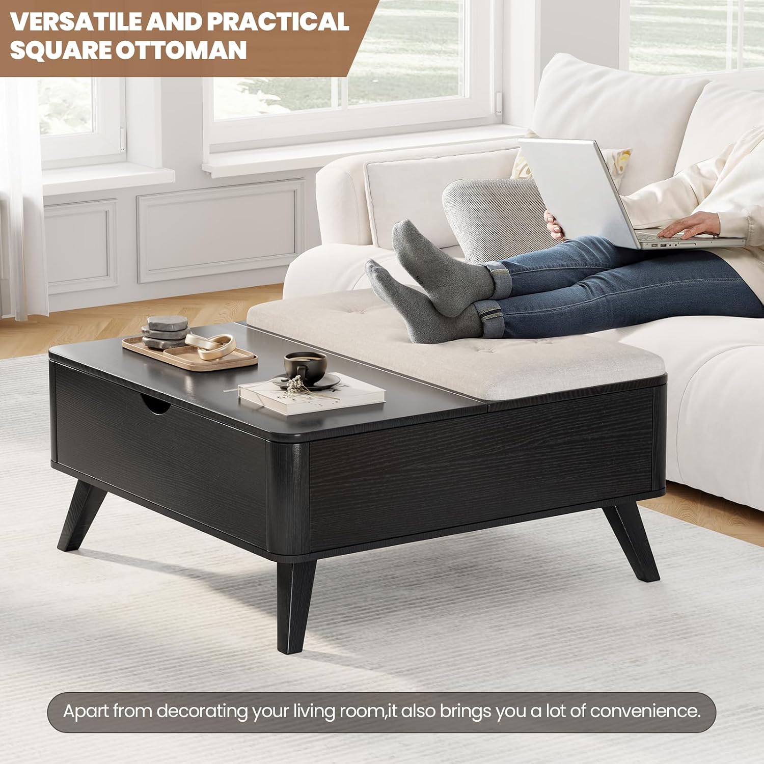 VOPEAK Lift Top Coffee Table with Storage, Large Square Coffee Table with Thickened Cushion, Family Gathering Center Table, Modern Wooden Coffee Tables for Living Room, Solid Wood Legs, Black