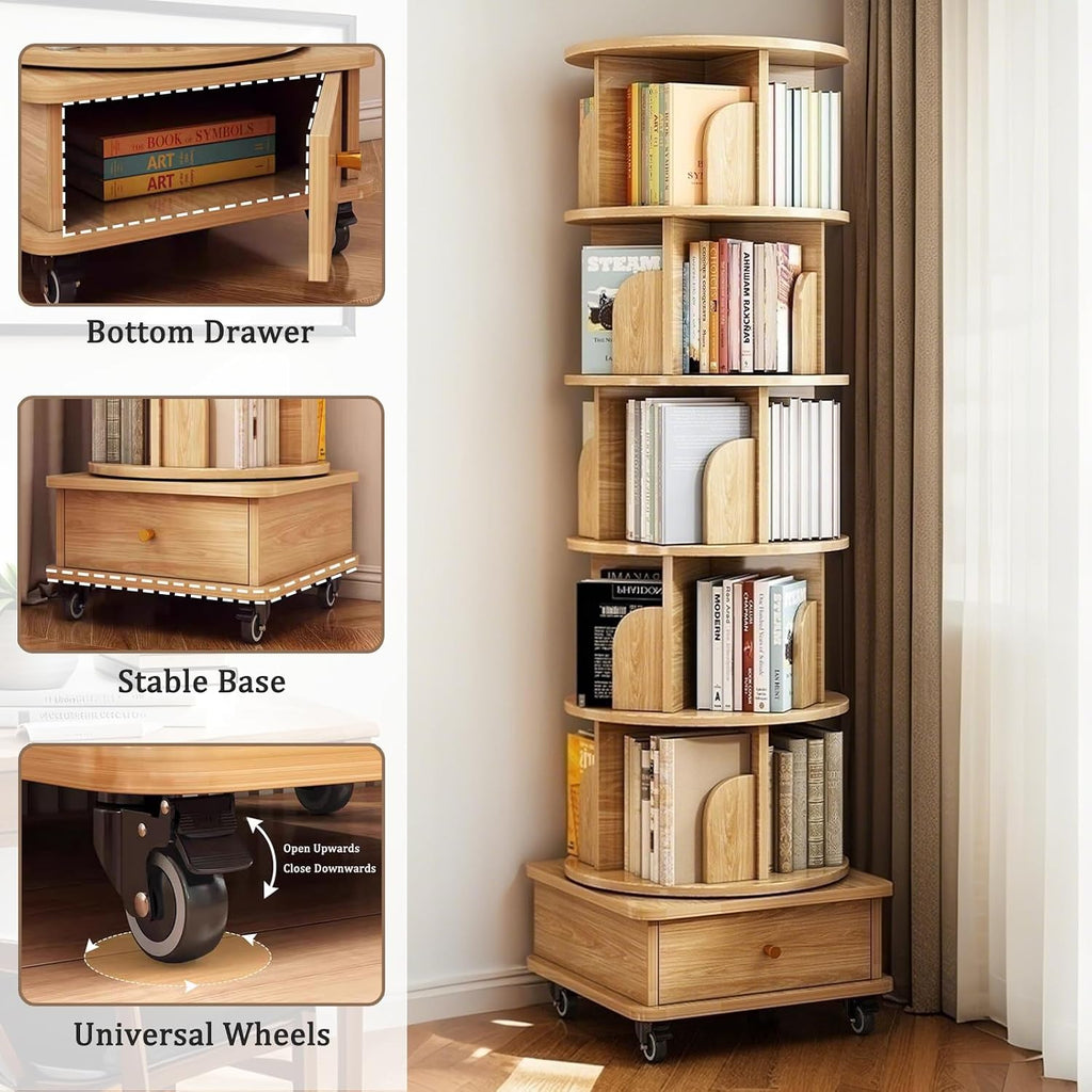 6 Tier Rotating Bookshelf 360° Spinning with Wheels & Drawer, Space Saving Storage Shelf for Small Spaces, Home Office Corner, Living Room, Bedroom