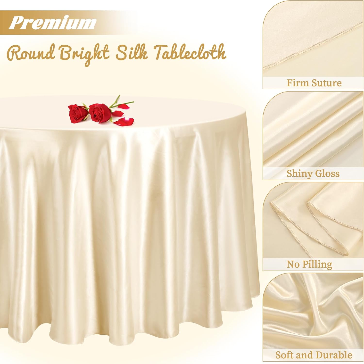 fani 12 Pack 120 Inch Champagne Satin Tablecloth - Premium Bright Silky Round Tablecloth Overlay Smooth Fabric Table Cover, Table Decoration for Wedding Party Banquet Events Restaurant Kitchen Dining