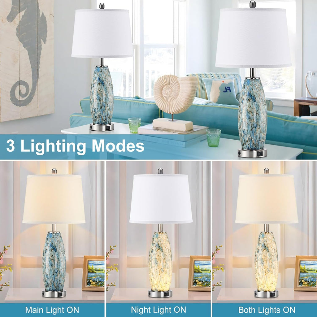 29' Tall Table Lamps Set of 2, Large Modern Lamps for Bedroom with Nightlight, Coastal Bedside Lamps with USB C+A, Glass Nightstand Table Lamps for Living Room, Bulbs Included