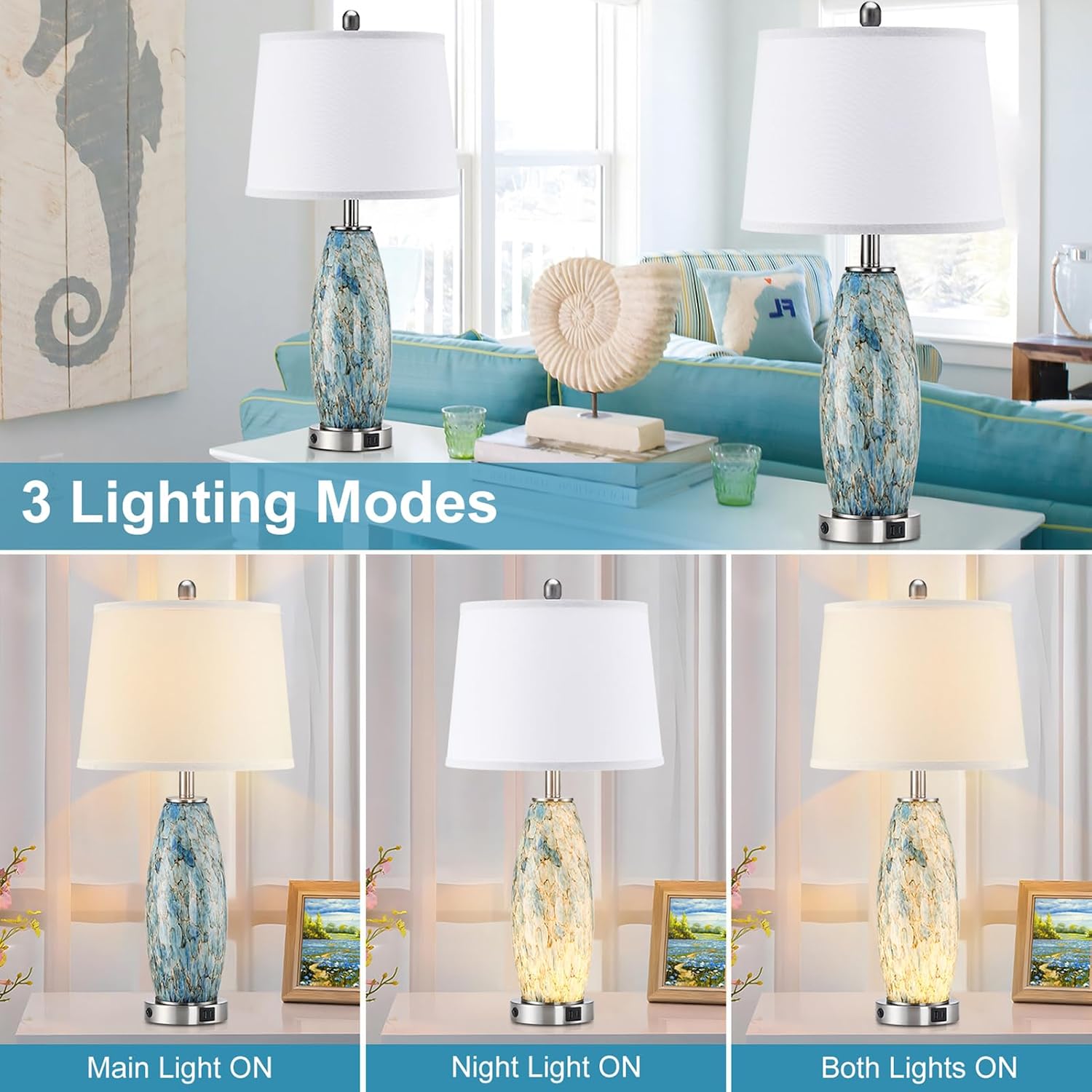 29' Tall Table Lamps Set of 2, Large Modern Lamps for Bedroom with Nightlight, Coastal Bedside Lamps with USB C+A, Glass Nightstand Table Lamps for Living Room, Bulbs Included