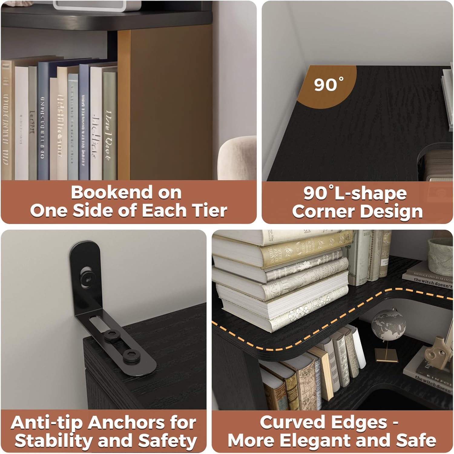 Besiost Corner Book Shelf, 6-Shelf Corner Bookshelf for Small Corner Spaces, L-Shape Bookcase Corner Display Shelf for Home Office, Living Room, Bedroom, Black