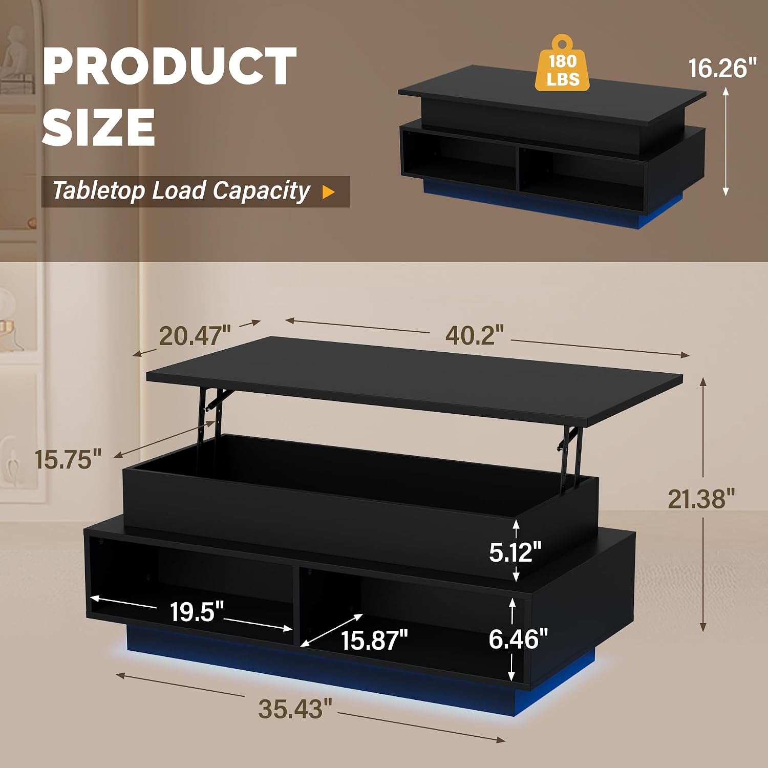 YESHOMY 40' Lift Top Coffee Table with Hidden Storage & Multi-Color LED Lights, Modern Square Wood Table with 4 Open Shelves for Living Room and Small Space, Black