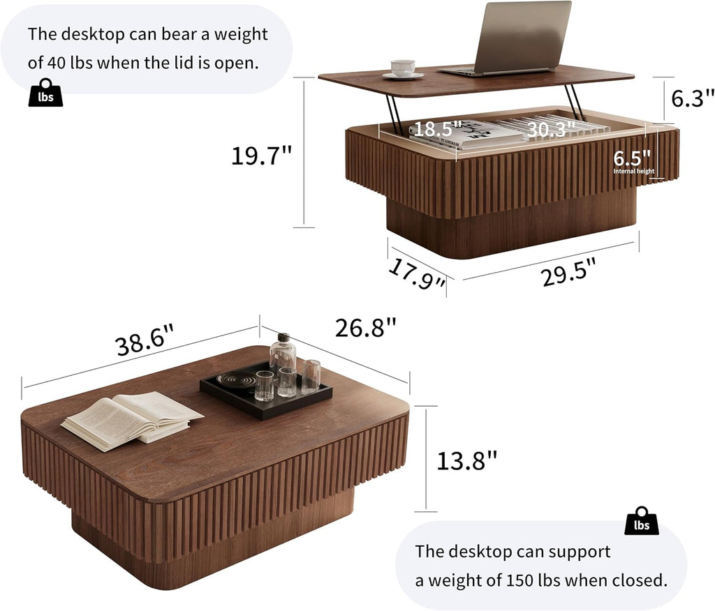 Lift Top Coffee Table with Storage for Living Room Mid Century Modern Coffee Table with Lifting Top Wood Fluted Coffee Tables with Lifts Up Tabletop for Home Apartment Office 38.6',Walnut Rectangle