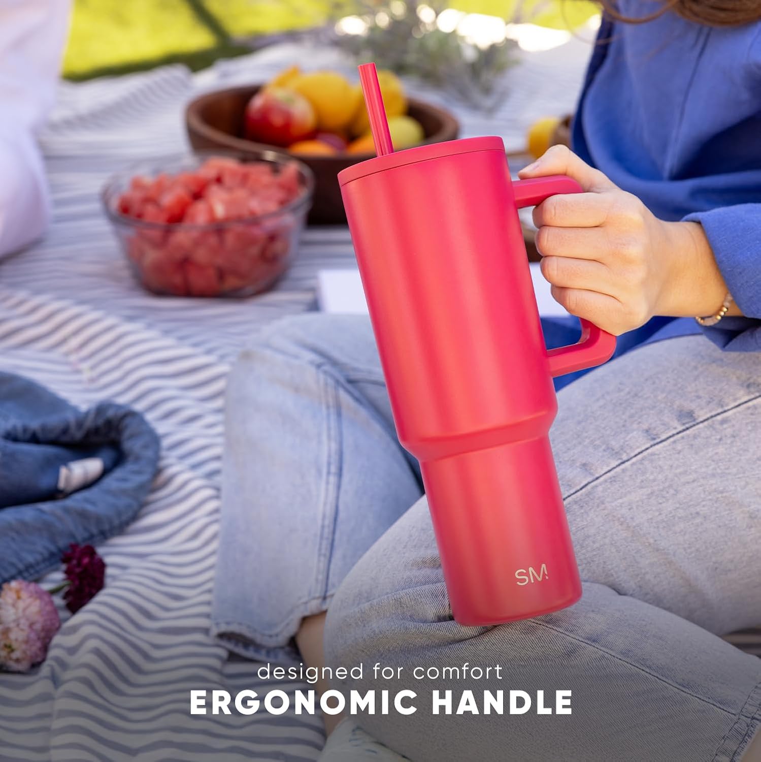 Simple Modern 40 oz Trek Tumbler with Handle and Straw Lid | Cup Holder Friendly Insulated Stainless Steel Travel Mug | Almond Birch (Pack of 12)