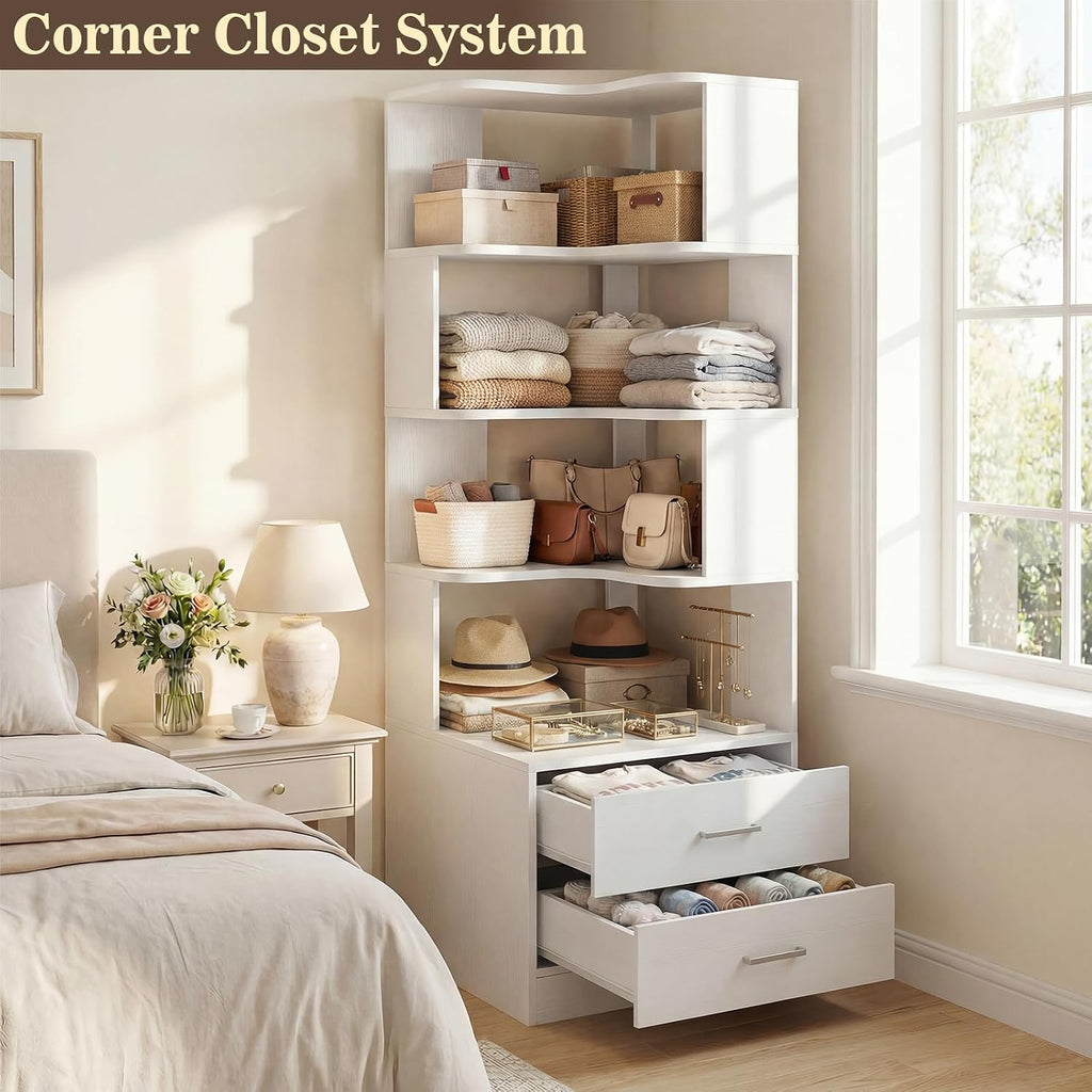 Armocity Corner Bookshelf with Drawers, 7 Tier Corner Book Shelf Display Bookcase, Freestanding L Shaped Bookshelf for Bedroom, Living Room, Home Office, White