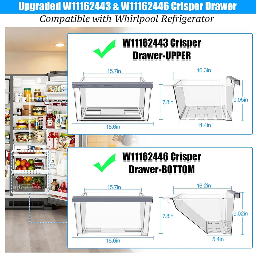 UPGRADED W11162443 Refrigerator Drawer & W11162446 Whirlpool Crisper Drawer Compatible with Whirlpool Fridge Drawer Replacement Parts WRS325SDHZ05 WRS315SDHM01 WRS555SIHZ03 Crisper Bins Drawer,2 Pack