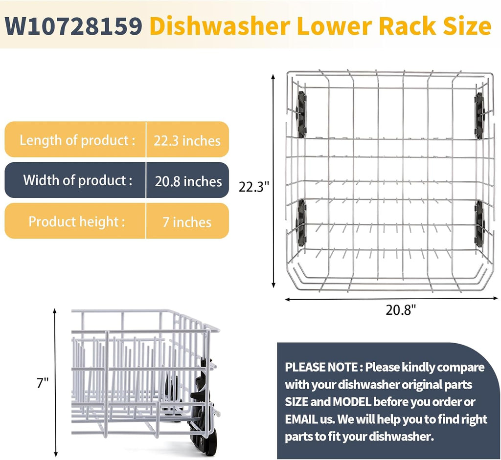 Stainless Steel W10728159 Dishwasher Lower Rack Replacement for KitchenAid Maytag Dishwasher Parts with Wheels W10525646 KDFE104DSS2 Lower Dishrack 22' x 20.7' Whirlpool Dishwasher Bottom Rack Drawer