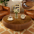39.37'' Round Fluted Coffee Table with Storage, Modern Wooden Drum Coffee Table, Circle Center Table Accent Tea Table with Sturdy Pedestal for Living Room Apartment Small Space (39.37' Storage Brown)