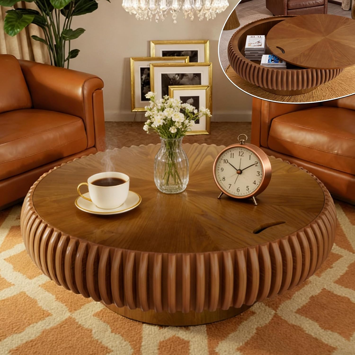 39.37'' Round Fluted Coffee Table with Storage, Modern Wooden Drum Coffee Table, Circle Center Table Accent Tea Table with Sturdy Pedestal for Living Room Apartment Small Space (39.37' Storage Brown)