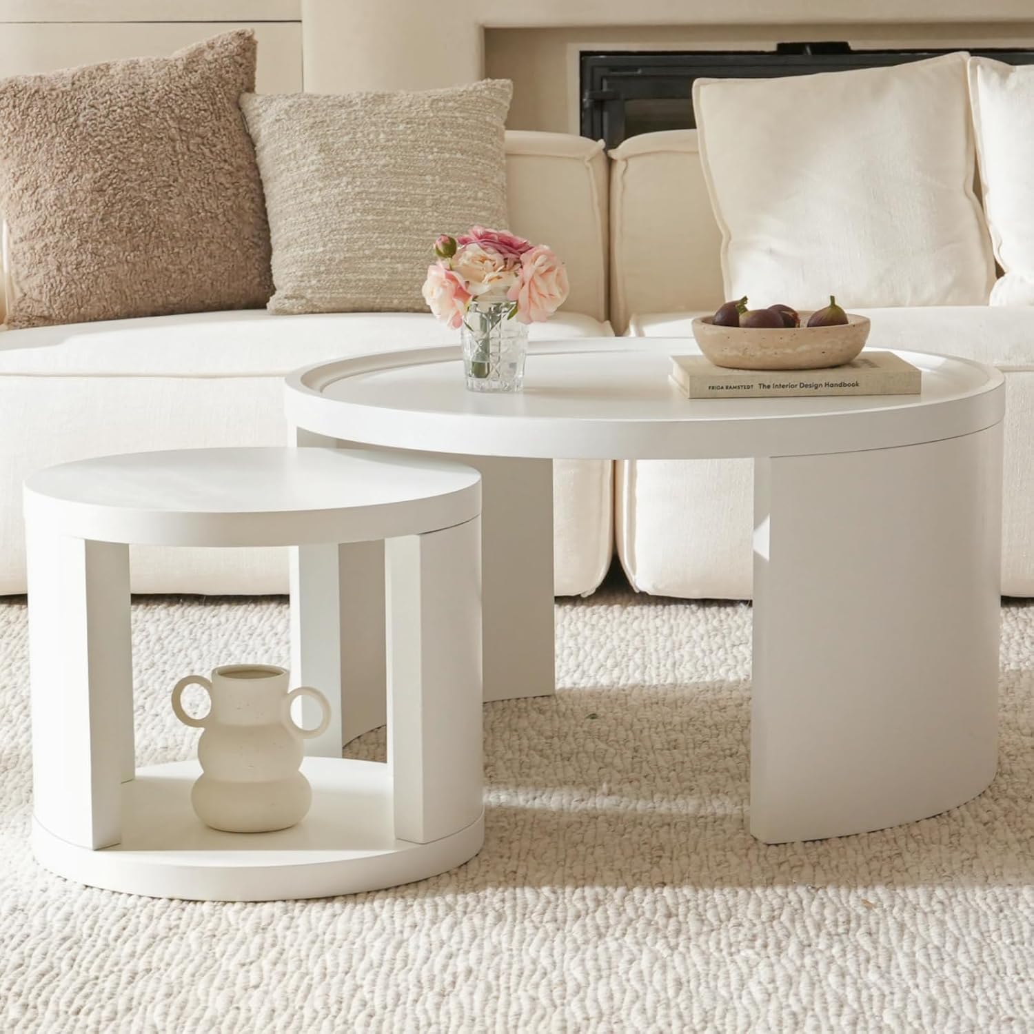 Round Nesting Coffee Table Set of 2,31.5' Large & 18' Small Low Tables with Wood Look Top,Space-Saving Side Tables for Living Room,Bedroom,Office,Minimalist Center Table Set (White, L)