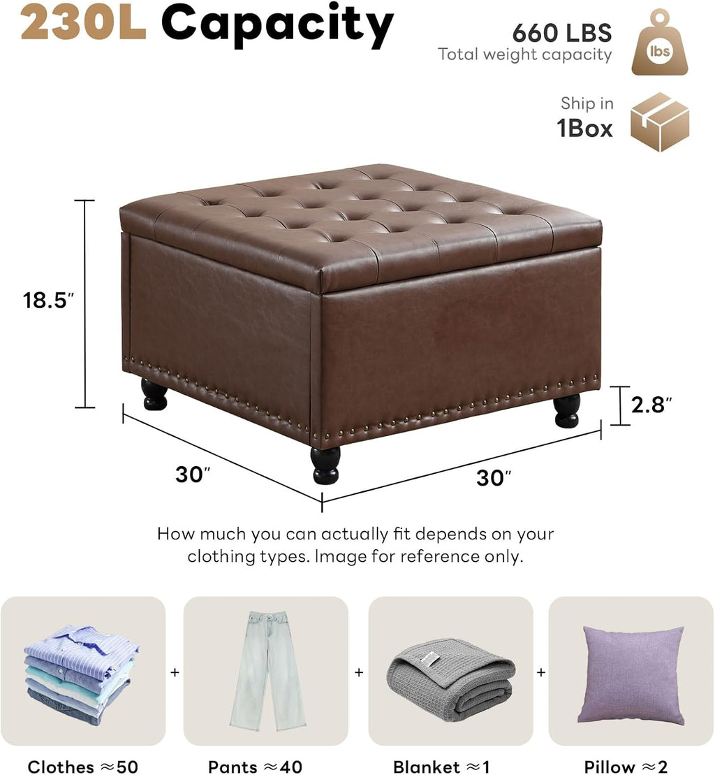 Tbfit 30' Large Square Ottoman Coffee Table with Storage, Oversized Tufted Upholstered Ottomans Bench with Solid Wood Legs for Living Room, Dorm, Leather Foot Stool for Couch Sofa Toy Box, Brown