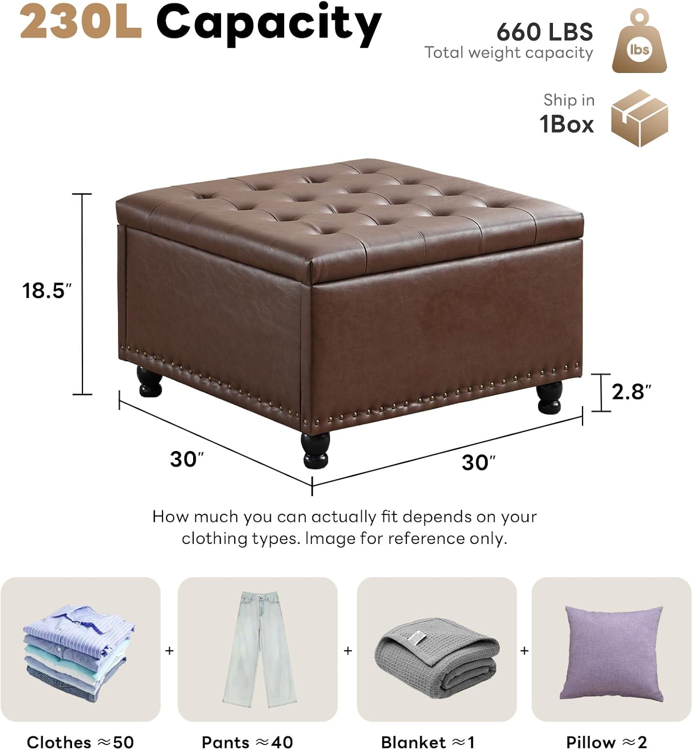 Tbfit 30' Large Square Ottoman Coffee Table with Storage, Oversized Tufted Upholstered Ottomans Bench with Solid Wood Legs for Living Room, Dorm, Leather Foot Stool for Couch Sofa Toy Box, Brown