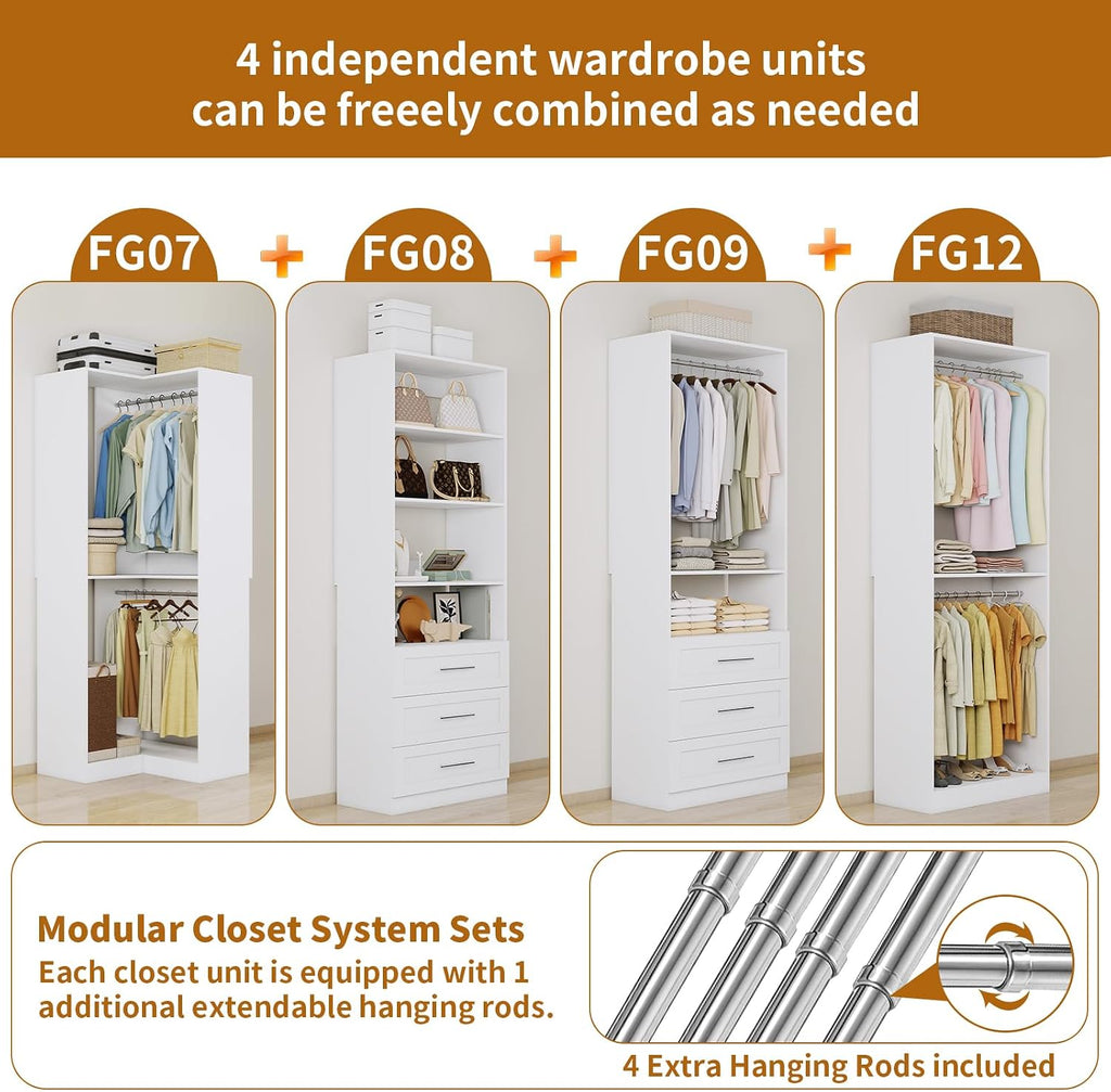 Closet System of 4 Sets with 6 Drawers, 101.9' Walk in Corner Closet System with 9 Hanging Rods & Adjustable Shelves, Custom L-Shaped Modular Closet Organizer System Wood Corner, White