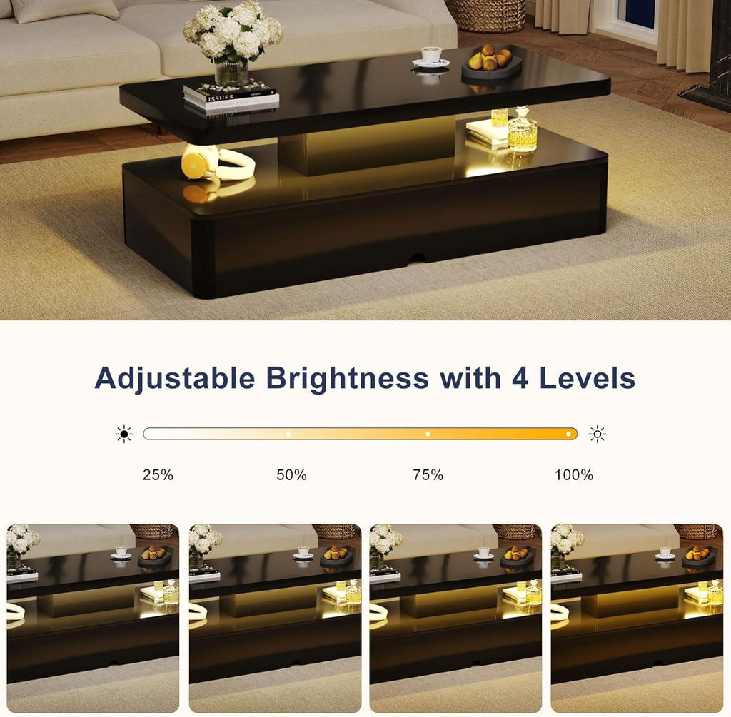 47' Modern Living Room Tables, LED Coffee Table with LED Lights, 2 Tier Rectangular Center Table with Large Storage, High Glossy Surface, Tea Table for Living Room, Black