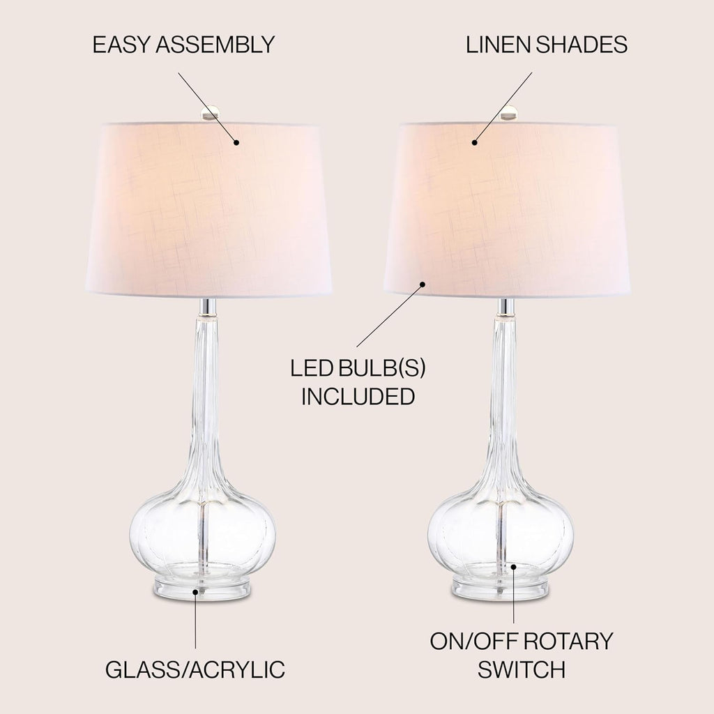 JONATHAN Y 28.5' Clear Glass Teardrop LED Table Lamp Set of 2 for Living Room Bedroom Nightstand, White Linen Shade Modern Transitional Bedside Desk Lamp (JYL1079C-SET2)