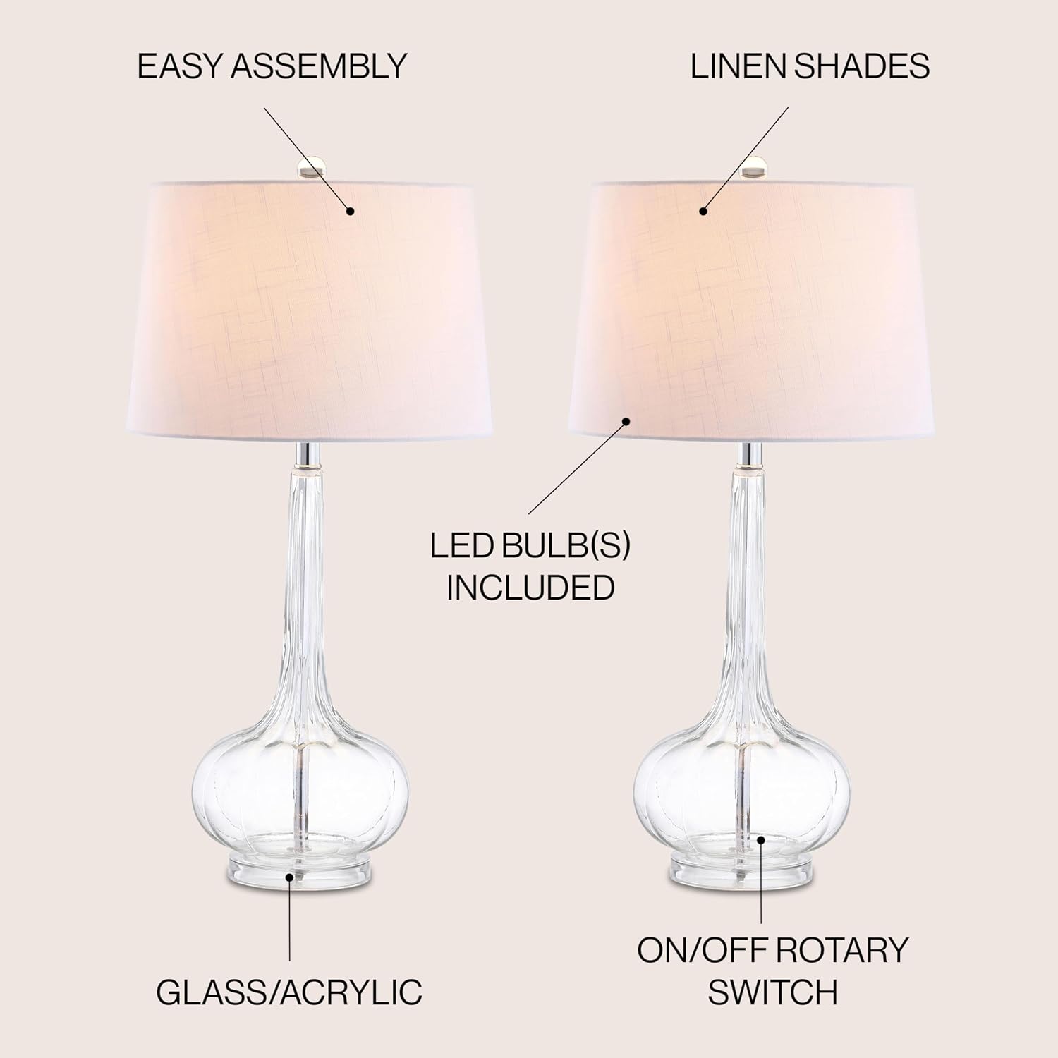 JONATHAN Y 28.5' Clear Glass Teardrop LED Table Lamp Set of 2 for Living Room Bedroom Nightstand, White Linen Shade Modern Transitional Bedside Desk Lamp (JYL1079C-SET2)