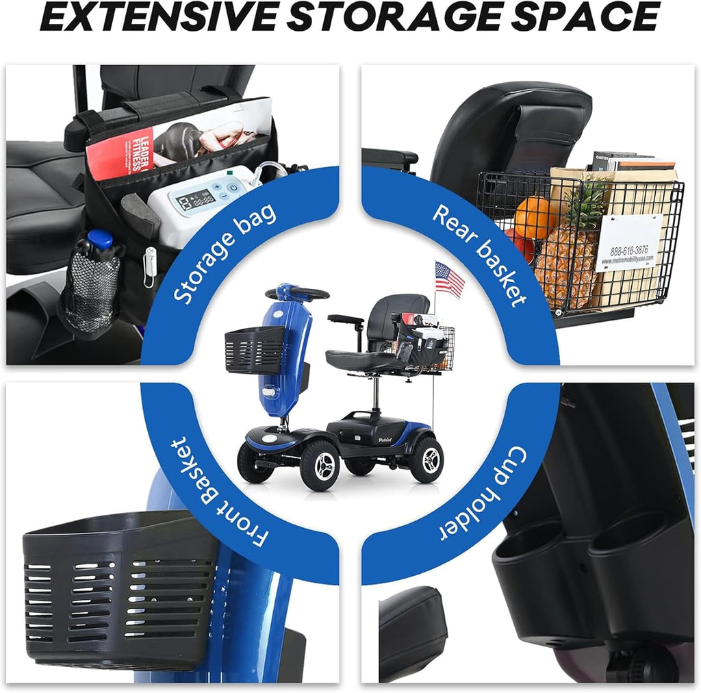 Mobility Scooters for Seniors & Adults 400 Lb Weight All Terrain,Heavy Duty 4 Wheel Foldable Powered Scooter,Portable Disability Mobile Electric Wheelchair,Luxury Seat and w/Led Lights,Blue