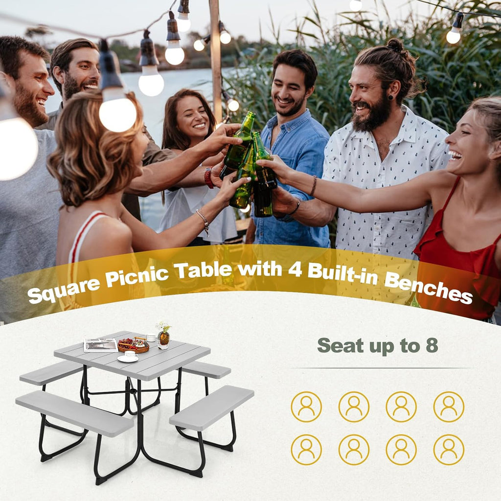 Tangkula 8 Person Picnic Table, Outdoor Square Picnic Table with 4 Built-in Benches, Umbrella Hole, Metal Frame & HDPE Tabletop, Outside Table and Bench Set for Backyard, 2300lbs Weight Capacity
