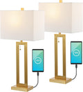 JONATHAN Y 28.5' Brass Gold Table Lamp Set of 2 with USB Port and Pull Chain, Modern Industrial Bedside Lamp for Living Room, Rectangular White Linen Shade, LED Bulb JYL1126A-SET2