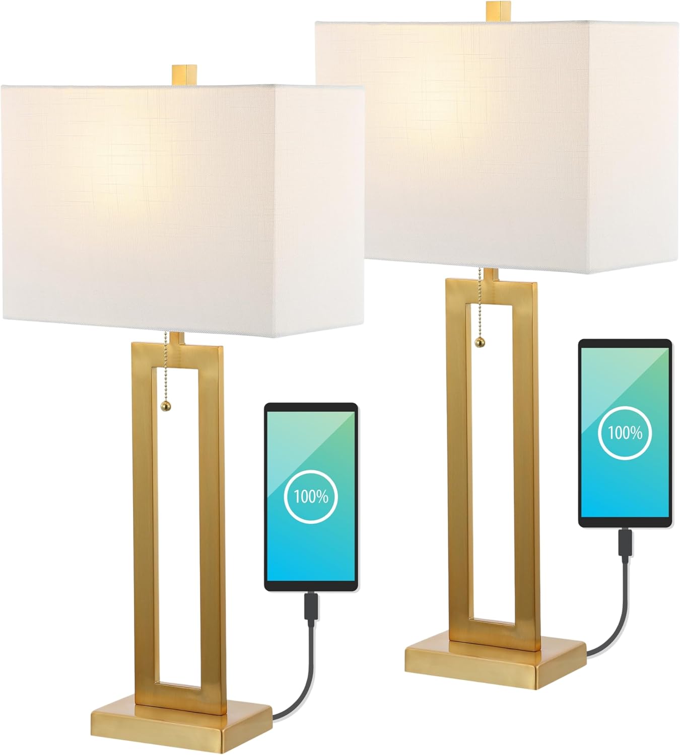 JONATHAN Y 28.5' Brass Gold Table Lamp Set of 2 with USB Port and Pull Chain, Modern Industrial Bedside Lamp for Living Room, Rectangular White Linen Shade, LED Bulb JYL1126A-SET2