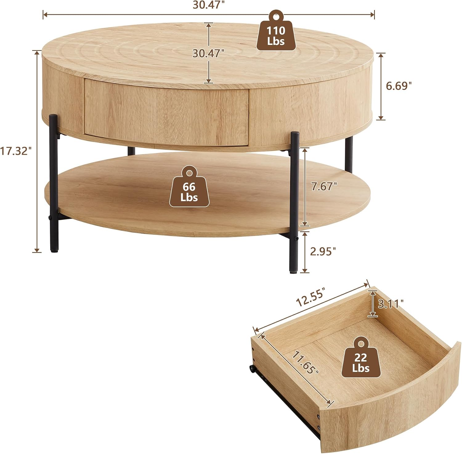 RARZOE 30.5' Round Coffee Table with Storage, Wooden Circle Coffee Table with Drawer, Storage Shelf, Metal Legs，Small Dining Table Accent Center Table for Living Room Home Office Apartment,Natural