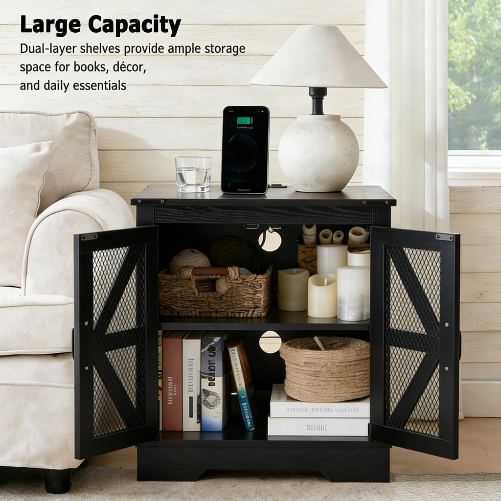 Black Farmhouse End Table Set of 2, 21' Wood Sofa Side Table with Charging Station, Rustic Nightstand with Mesh Barn Door for Living Room, Square