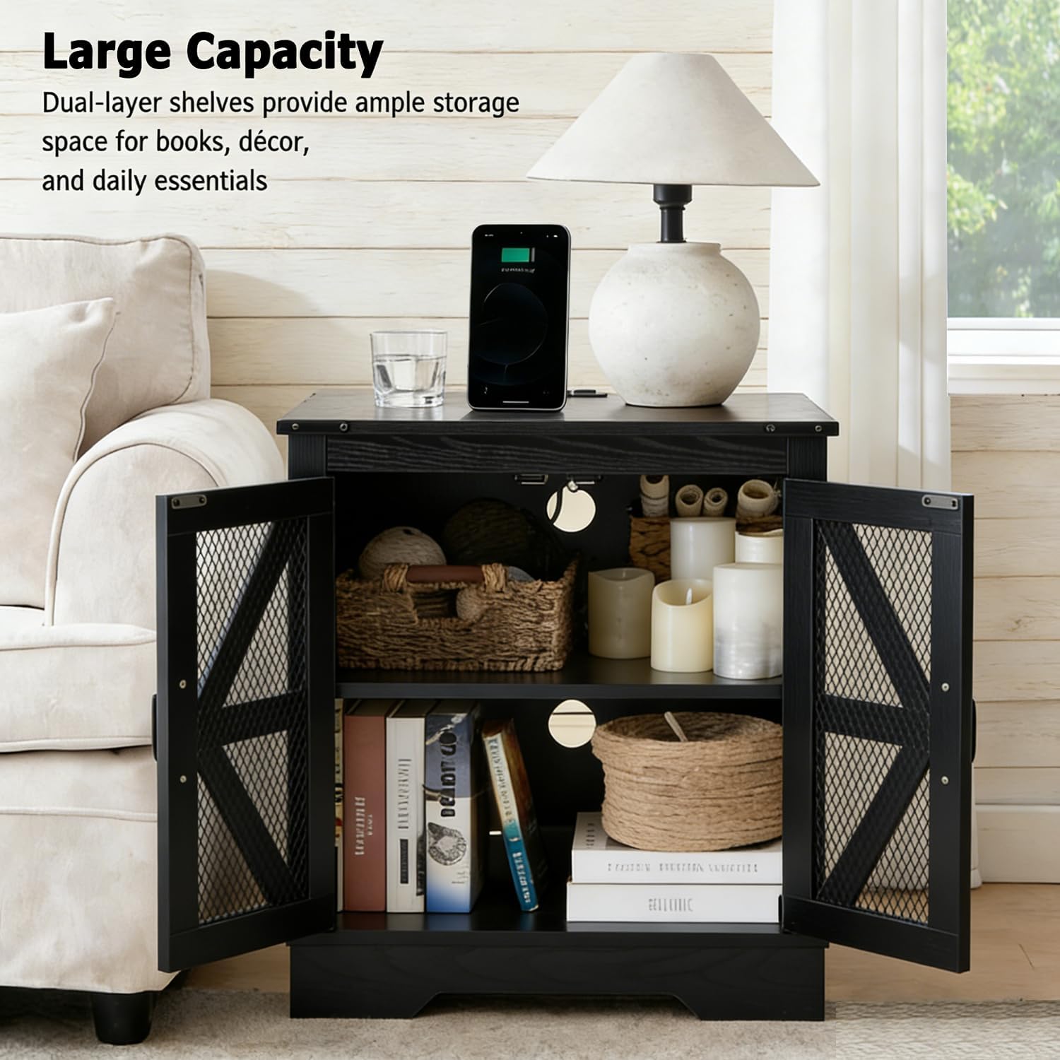 Black Farmhouse End Table Set of 2, 21' Wood Sofa Side Table with Charging Station, Rustic Nightstand with Mesh Barn Door for Living Room, Square