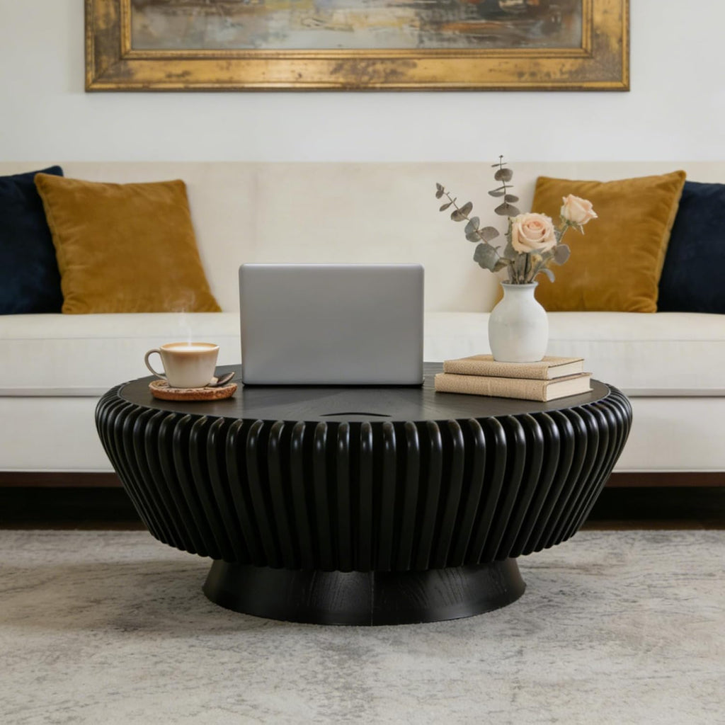 Round Coffee Table with Storage, 35.4' Modern Wooden Drum Coffee Table with Cover, Fluted Circle Center Table, Solid Wood Veneered, Accent Tea Table for Living Room Apartment Small Space (35.4' Black)