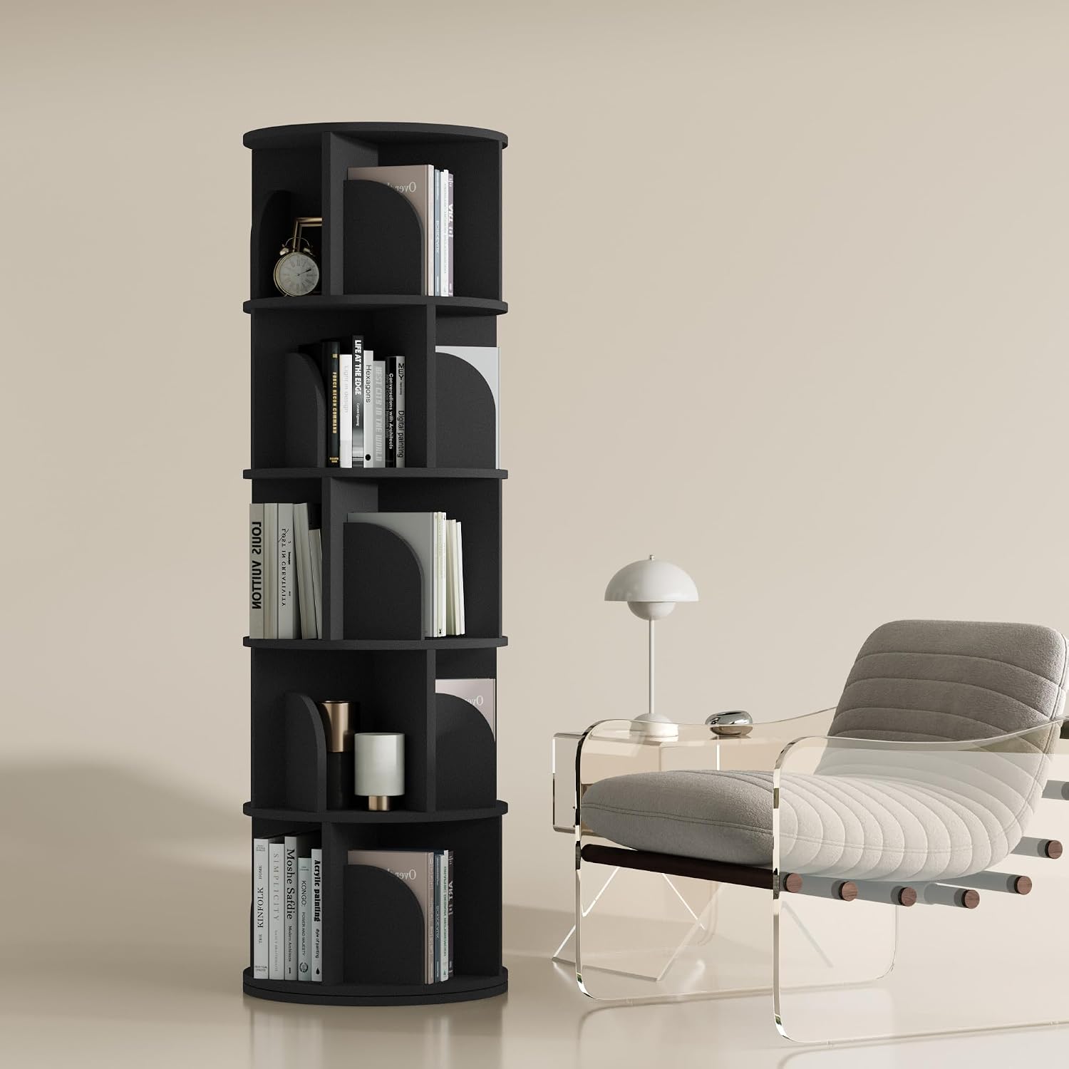 YOWOS Rotating Bookshelf, Small Corner Bookshelf for Small Space, 360 Display Floor Standing Bookcase Storage Rack, Wood Narrow Book Shelf Organizer for Bedroom, Living Room (Black, 5 Tiers)