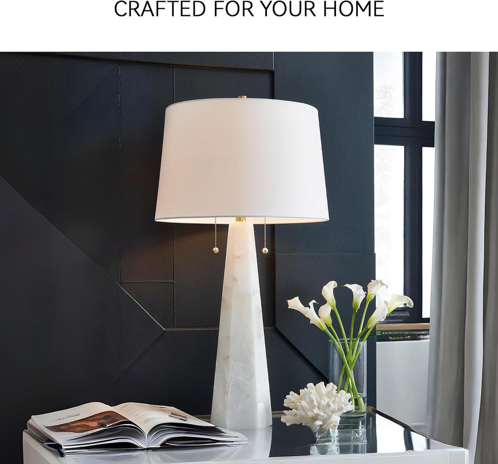 Signature Design by Ashley Laurellen Contemporary Table Lamp with 2 Sockets and Pull Chain Switch, Fabric Shade, Resin and Alabaster, 23.25' High, White