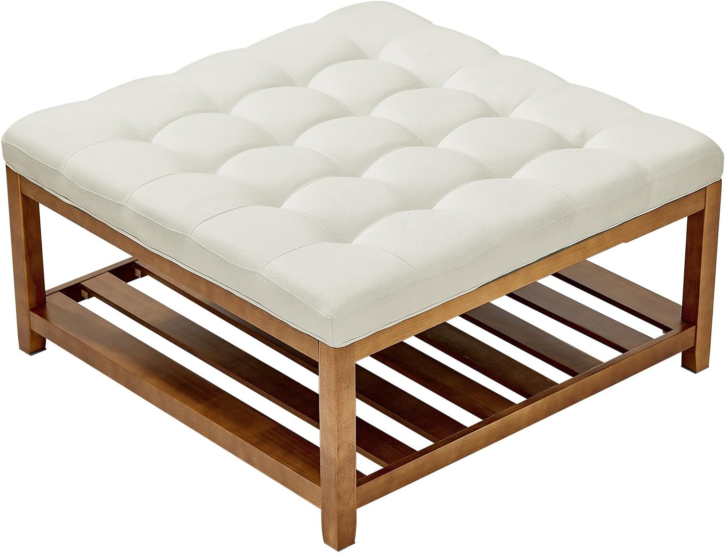 VEVOR Large Square Ottoman Coffee Table, 34.5 Inch Tufted Coffee Table with Solid Wood Shelf Storage, Linen Solid Upholstered Footrest Ottoman for Bedroom Living Room, 400 LBS, Off-White