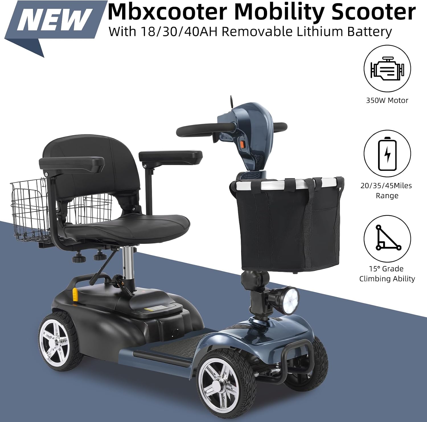 20 Miles 4 Wheels Mobility Scooter for Seniors/Adults Up to 300LBS,350W Electric Wheelchair Detachable Lithium Battery,Dual Baskets,Rotating Seat,with Taillight, USB Charging, Gray 18AH