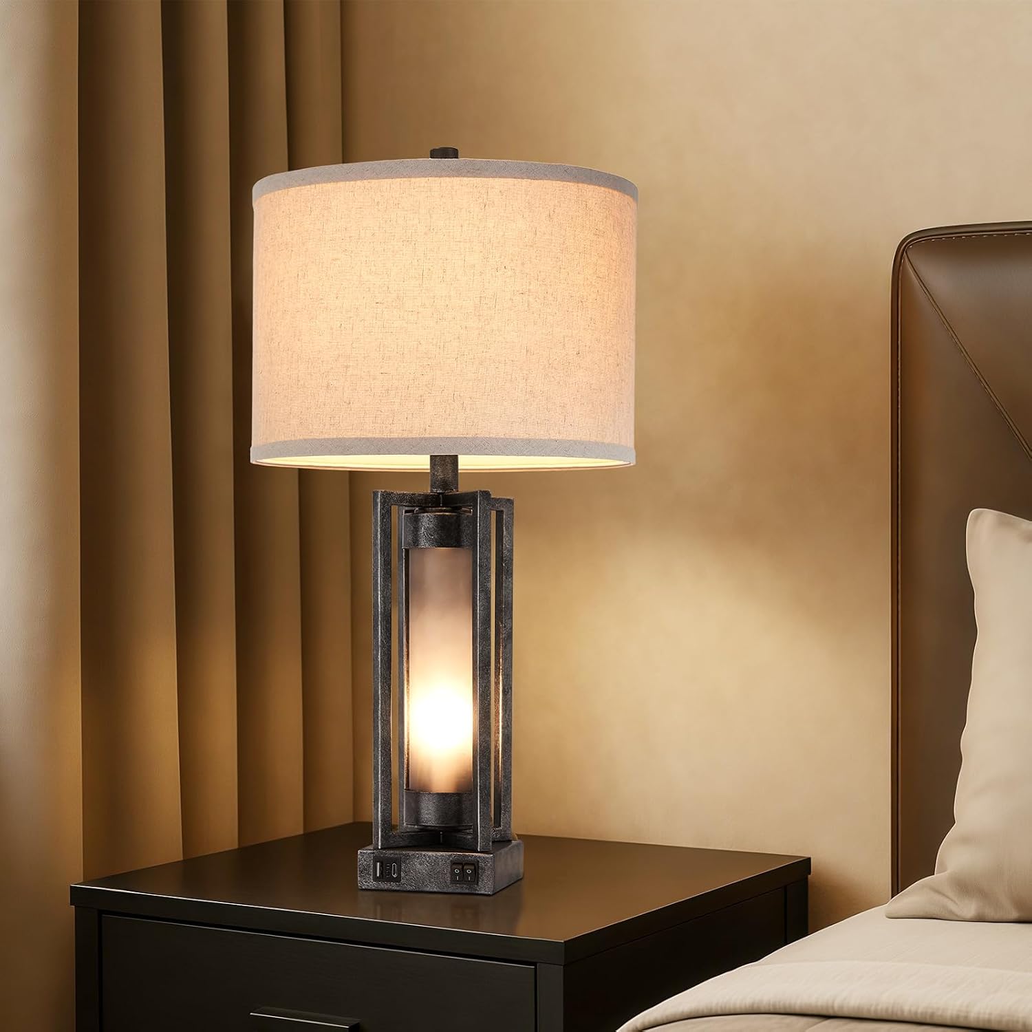 Set of 2 Industrial Table Lamps for Living Room with USB C+A, Vintage End Table Lamp for Bedroom with Gray Nightlight, Farmhouse Rustic Desk Lamp for Bedside, 4 Bulbs Included (Iron Gray)