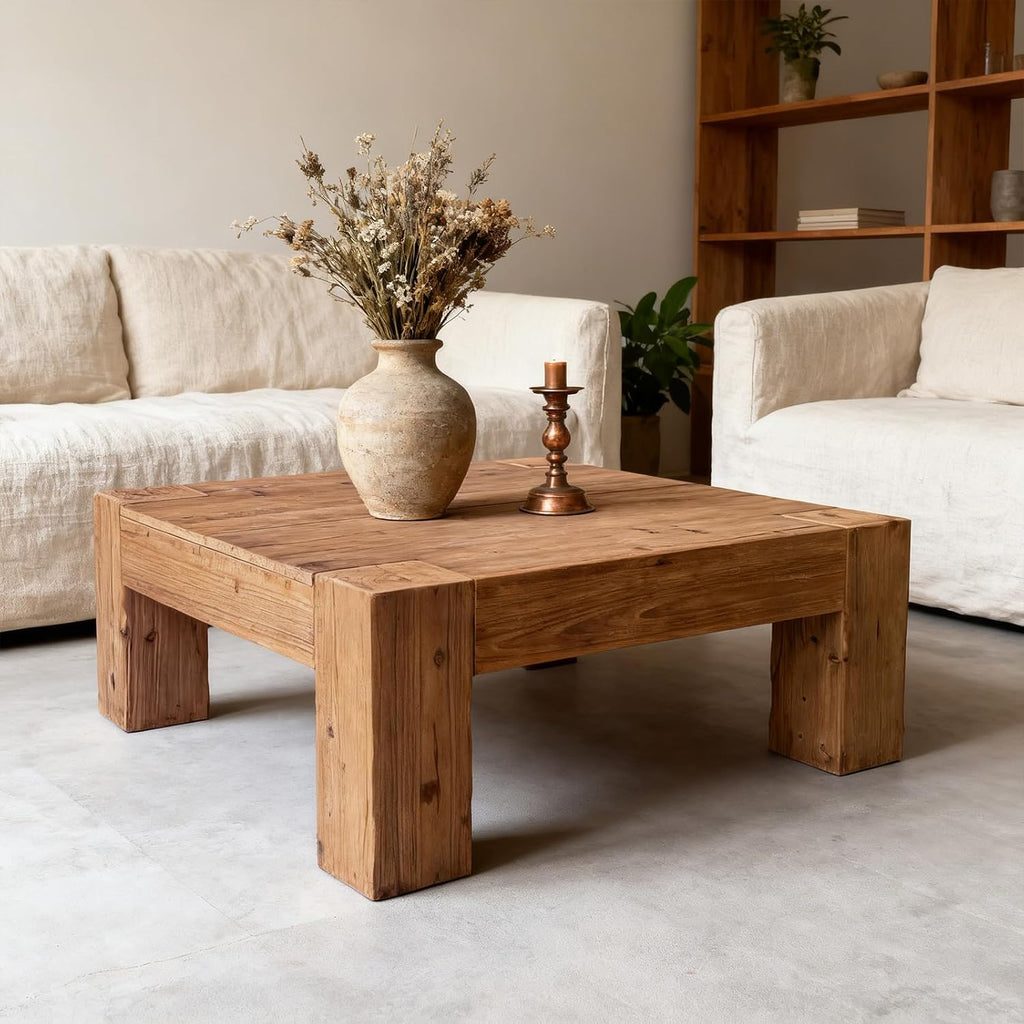 SSLine Solid Wood Coffee Table 39.4-Inch Square Coffee Table for Living Room,Farmhouse Cocktail Center Tables with Thicken Top and Sturdy Legs,Walnut