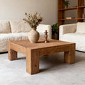 Rustic Wooden Coffee Table for Living Room, Big Square Coffee Table Mid Century Modern Center Table, Large Farmhouse Solid Wood Tea Table for Office Apartment (39.37''L × 39.37''W × 15.75''H)