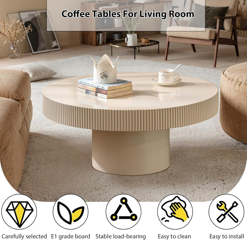 Round Fluted Coffee Table Mid Century Modern Coffee Tables with Handcrafted Relief Circle Drum End Table Rustic Industrial Center Tables for Apartment Living Room (White Round Thin)