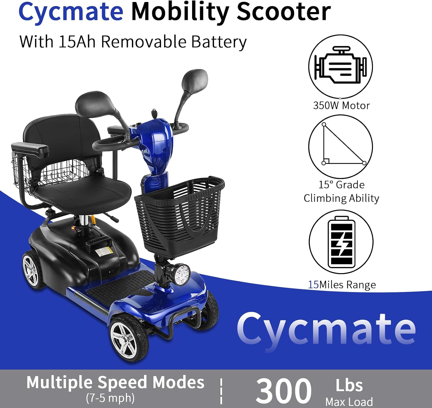 Mobility Scooter for Seniors/Adults, up to 300lbs Capacity, 4 Wheels Mobility Scooters with 15 Miles 350W 5/7MPH, Electric Wheelchair, Adjustable Seat with Rear Mirror