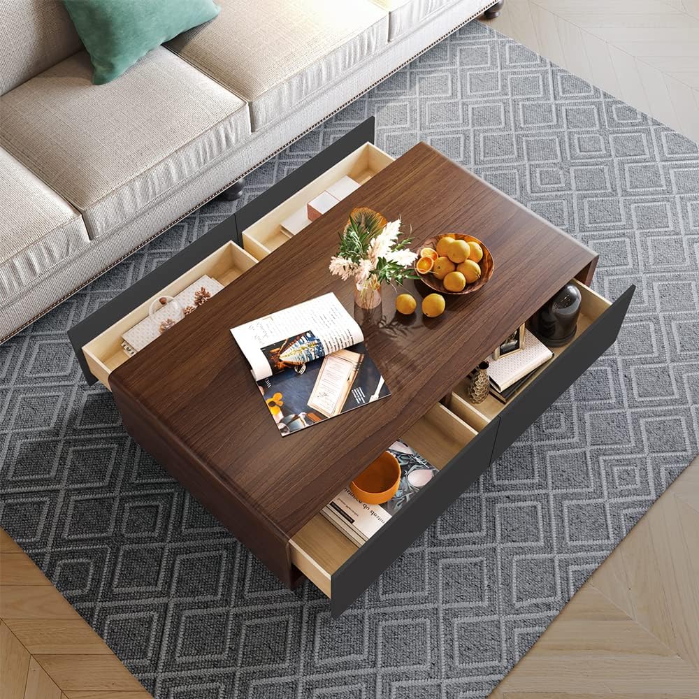 POVISON Modern Coffee Table for Living Room, 51 inch Square Coffee Table with Storage, 4-Drawers Wood Table, Full-Assembled, Walnut and Black
