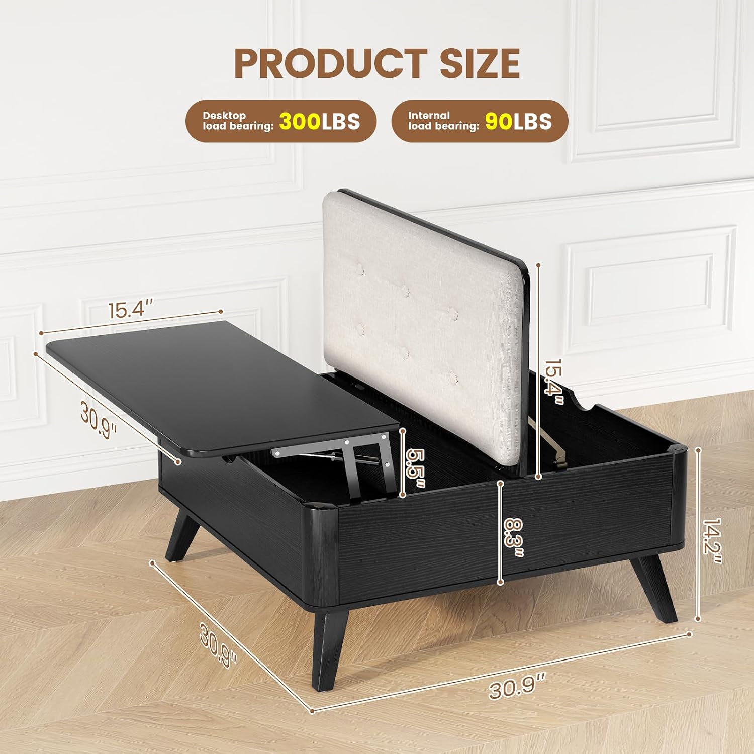 VOPEAK Lift Top Coffee Table with Storage, Large Square Coffee Table with Thickened Cushion, Family Gathering Center Table, Modern Wooden Coffee Tables for Living Room, Solid Wood Legs, Black