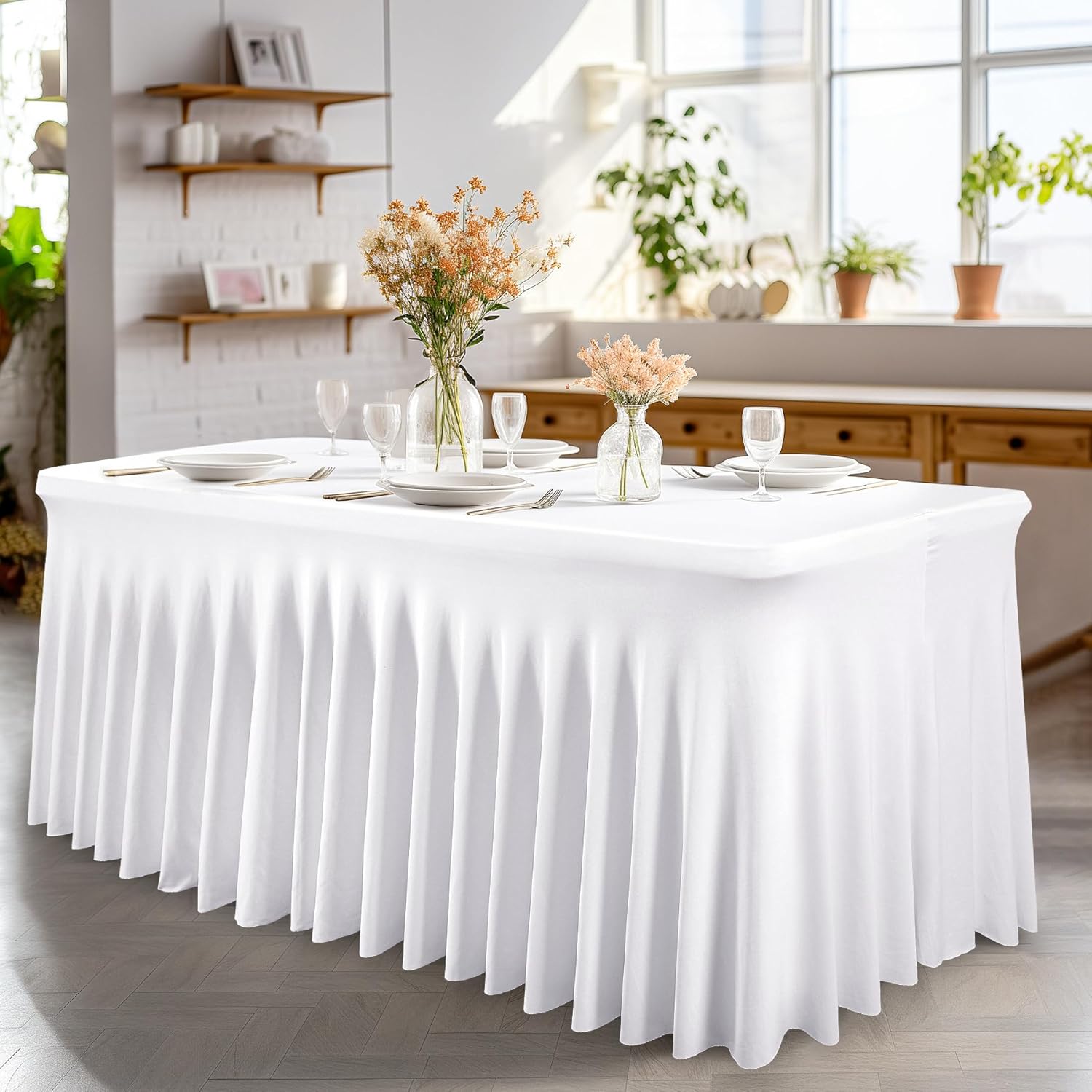 6 Pack White Spandex Fitted Tablecloth 8 Foot - Stretch Table Clothes for 8 FT Rectangle Table, Washable Ruffles Elastic for Weddings, Buffet, Banquet, Trade Craft Show, Party Celebration