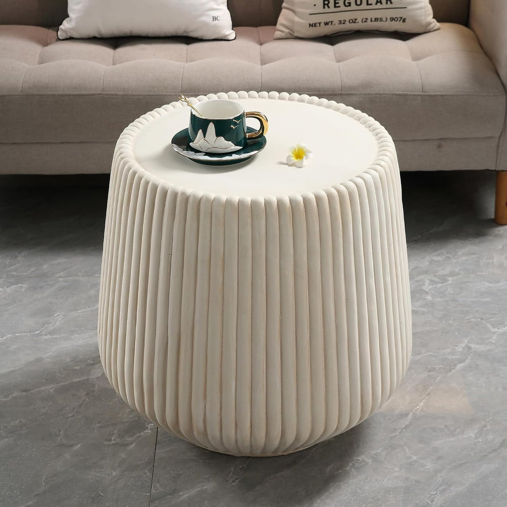 Off-White MGO Round Coffee Table for Indoors and Outdoors, 19.69' Mid-Century Modern Magnesium Oxide Fluted Drum Coffee Table, Circle Cocktail Tea Table for Living Room, No Assemble
