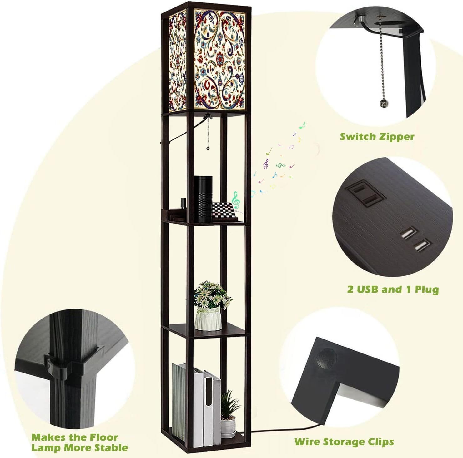 Floor Lamp with Shelves Red Blue Green Turkish Seamless Pattern Luxury Floral Ornament Standing Tall Lamp USB Ports & Power Outlet Modern Corner Lamp Nightstand Light for Living Room Bedroom