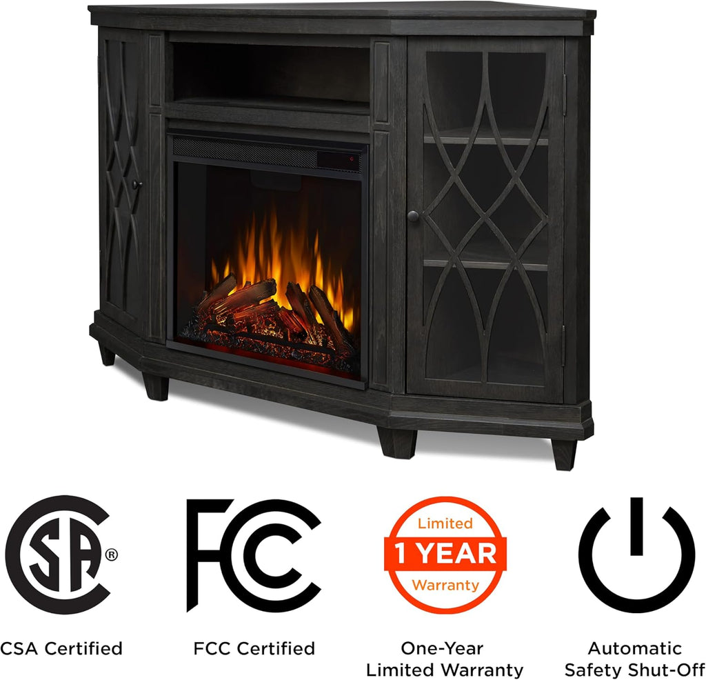 Real Flame Lynette Electric Fireplace TV Stand with Remote Control, Corner Unit, 1500 Watts, Grey (1750E-GRY)