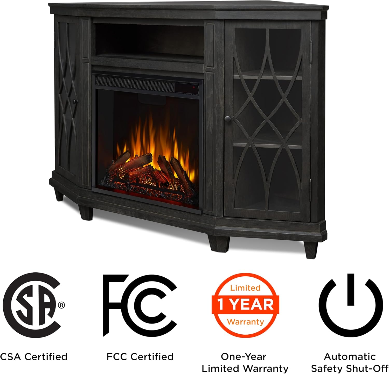 Real Flame Lynette Electric Fireplace TV Stand with Remote Control, Corner Unit, 1500 Watts, Grey (1750E-GRY)