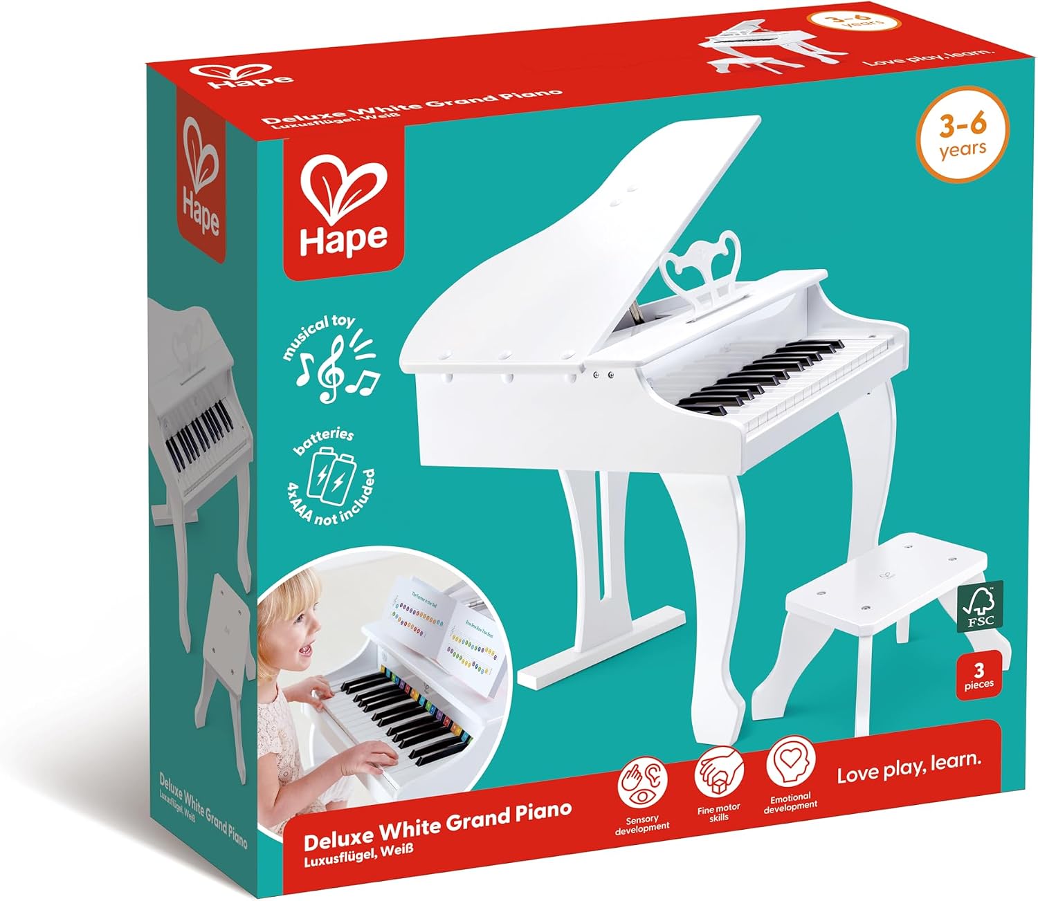Hape Deluxe White Grand Piano | Thirty Key Piano Toy with Stool, Electronic Keyboard Musical Toy Set for Kids 3 Years+