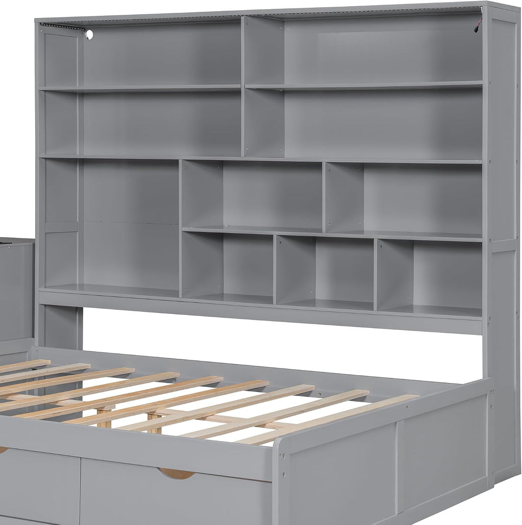 LUMISOL Full Size Corner Daybed with Storage Drawers, Built-in Desk with USB Ports & Shelves, Wooden Sofa Bed with LED Bookcase for Bedroom Living Room, Grey