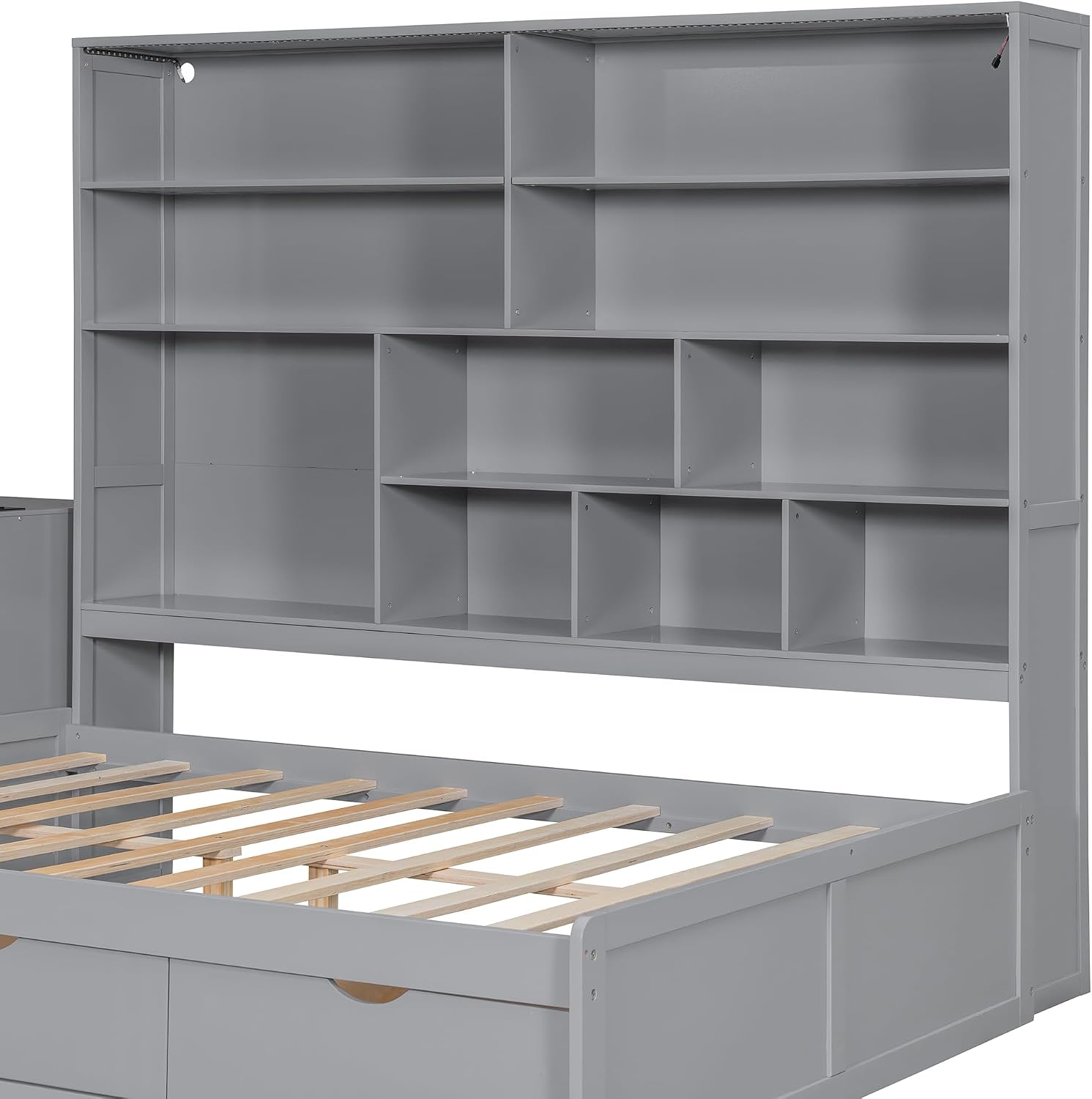 LUMISOL Full Size Corner Daybed with Storage Drawers, Built-in Desk with USB Ports & Shelves, Wooden Sofa Bed with LED Bookcase for Bedroom Living Room, Grey